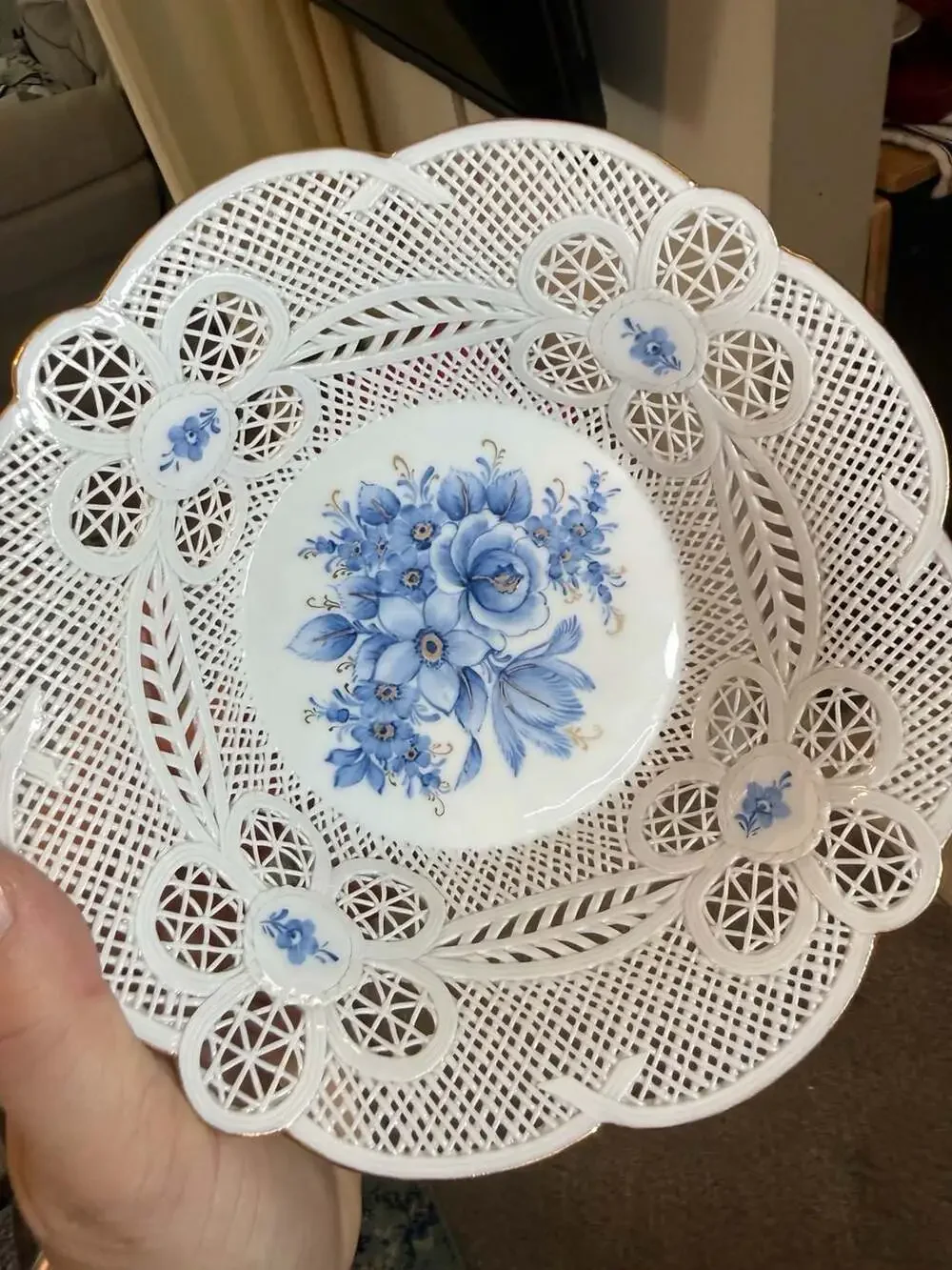 Moga Romania Hand Painted Reticulated Porcelain Floral Bowl